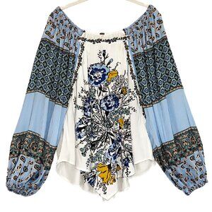 Free People Positano Printed Blouse Ivory Multi XS Boho Patchwork Balloon Sleeve